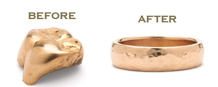 We transformed a gold tooth dental crown into a gold wedding ring.